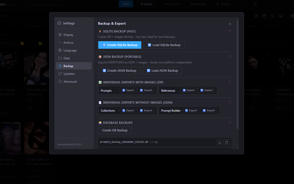 CozyPrompts backup and export - back up your entire AI prompt archive as ZIP or JSON