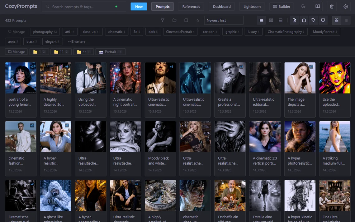 CozyPrompts gallery - browse all saved AI image prompts with thumbnails