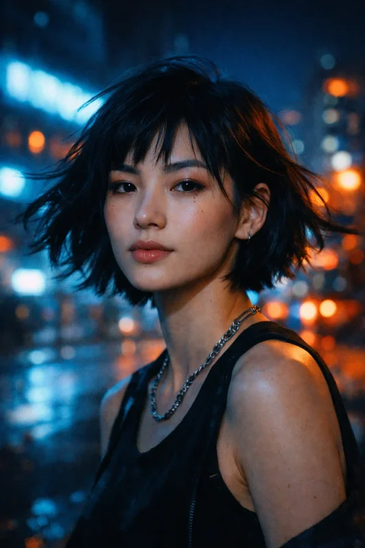 portrait of a young female singer with east asian facial features and subtle rus