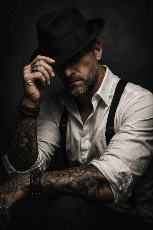 create a moody cinematic portrait of a rugged bearded man seated against a dark