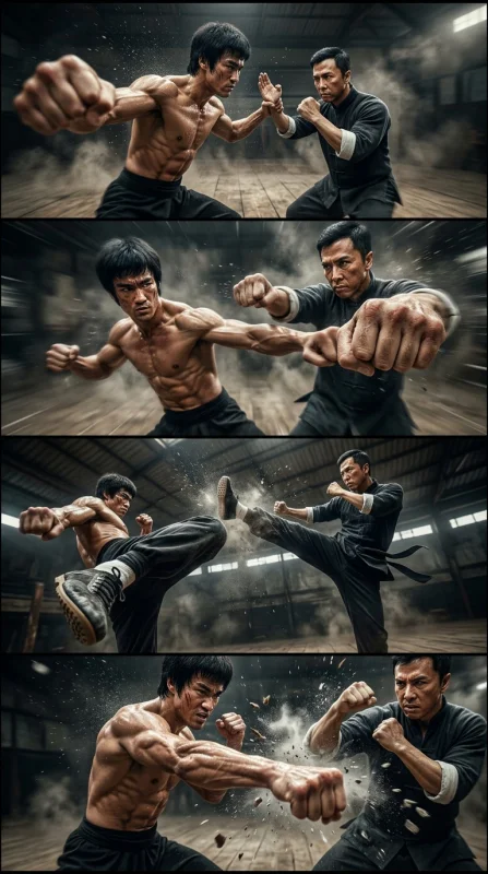 Ultra-photorealistic **single-panel action capture of Bruce