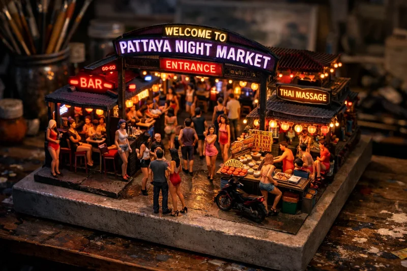 A highly detailed 3d miniature diorama of Thailands’s famous Pattaya street ni
